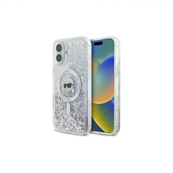 Karl Lagerfeld Capa rígida MagSafe Liquid Glitter Karl Head para Apple iPhone 16 6,1 polegadas - transparente