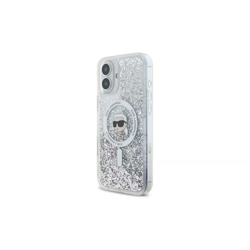 Karl Lagerfeld Capa rígida MagSafe Liquid Glitter Karl Head para iPhone 16 Plus, transparente