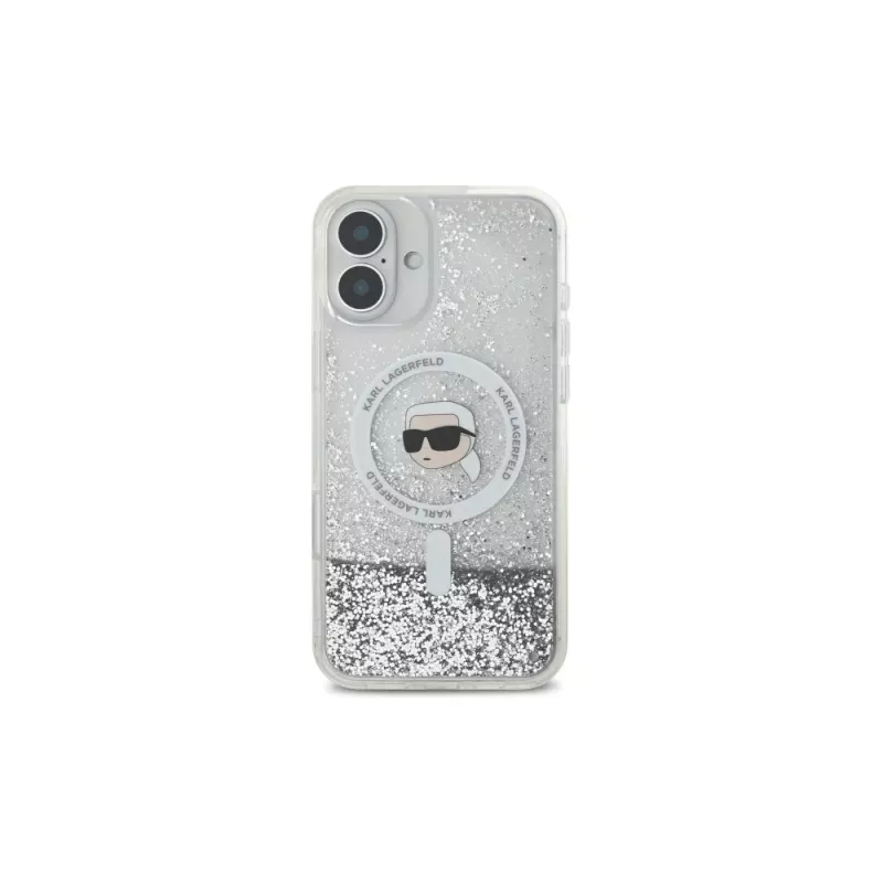 Karl Lagerfeld Capa rígida MagSafe Liquid Glitter Karl Head para iPhone 16 Plus, transparente