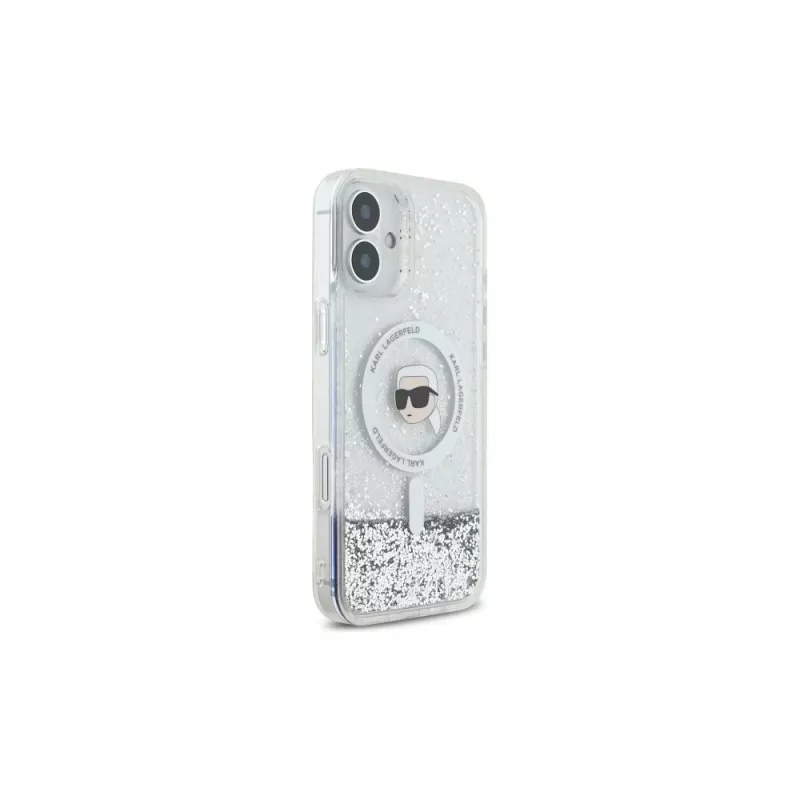 Karl Lagerfeld Capa rígida MagSafe Liquid Glitter Karl Head para iPhone 16 Plus, transparente