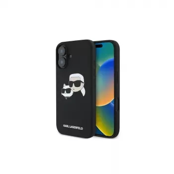 Karl Lagerfeld Capa rígida de silicone preta para iPhone 16 Plus 6,7 polegadas Double Heads Print MagSafe