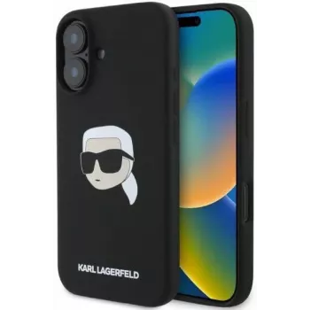 Karl Lagerfeld KLHMP16SSKHPPLK Capa rígida de silicone preta para iPhone 16 6,1 com Karl Head Print e MagSafe