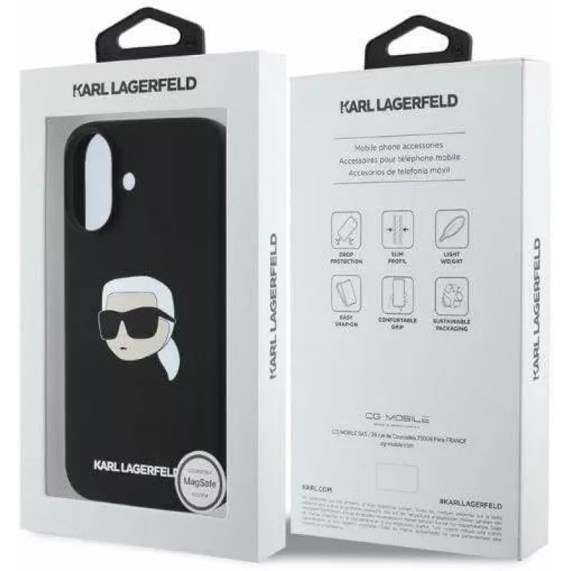 Karl Lagerfeld KLHMP16SSKHPPLK Capa rígida de silicone preta para iPhone 16 6,1 com Karl Head Print e MagSafe