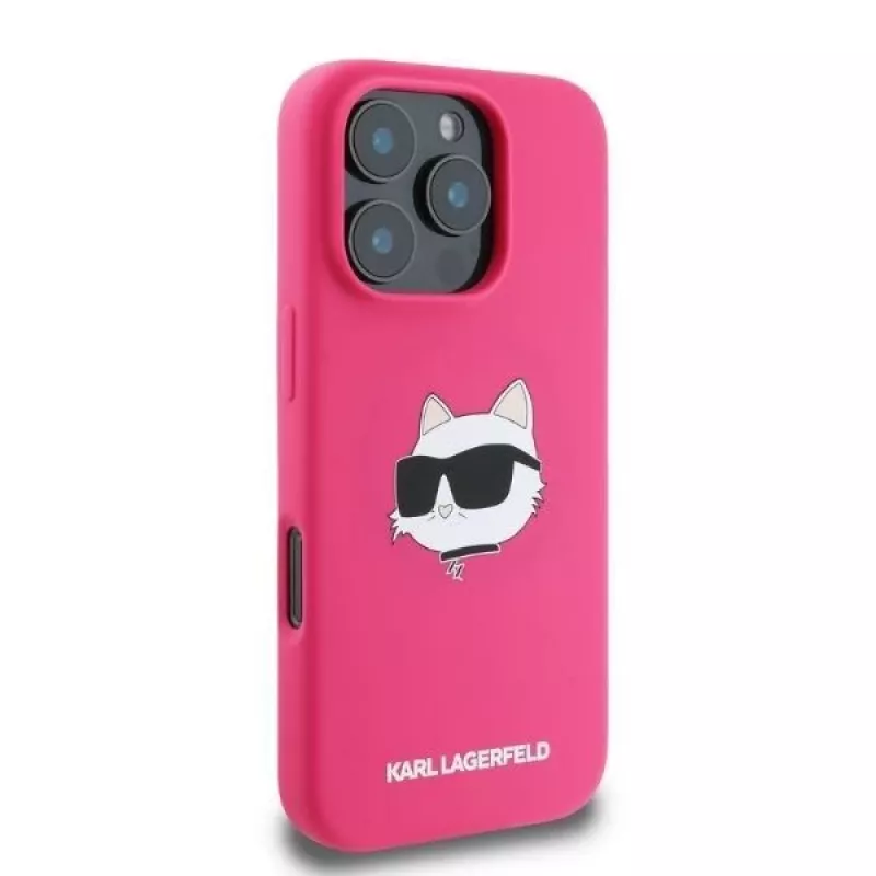 Karl Lagerfeld KLHMP16XSCHPPLF Capa rígida de silicone fúcsia para iPhone 16 Pro Max 6,9 polegadas Choupette Head Print MagSafe