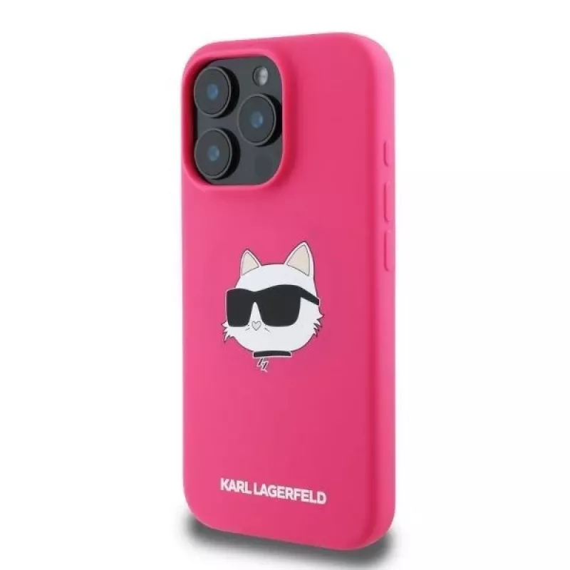 Karl Lagerfeld KLHMP16XSCHPPLF Capa rígida de silicone fúcsia para iPhone 16 Pro Max 6,9 polegadas Choupette Head Print MagSafe