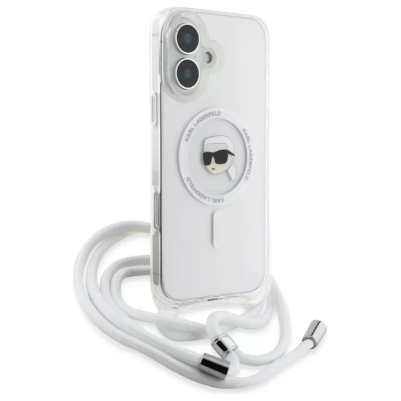 Karl Lagerfeld KLHMP16SHCKHNT Capa rígida transparente para iPhone 16 Crossbody IML Karl Head MagSafe
