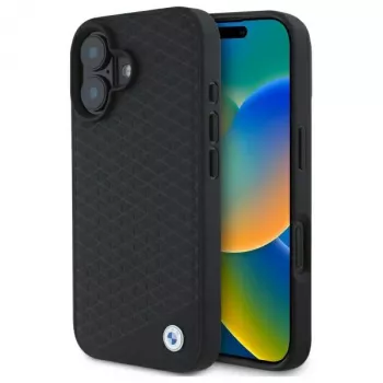 Capa rígida BMW BMHMP16S23RDDK para iPhone 16 6,1 polegadas preta Sign Leather Diamond Metal Logo MagSafe