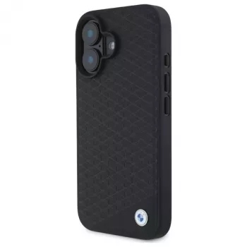 Capa rígida BMW BMHMP16S23RDDK para iPhone 16 6,1 polegadas preta Sign Leather Diamond Metal Logo MagSafe