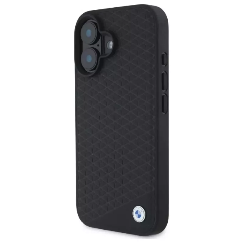 Capa rígida BMW BMHMP16S23RDDK para iPhone 16 6,1 polegadas preta Sign Leather Diamond Metal Logo MagSafe