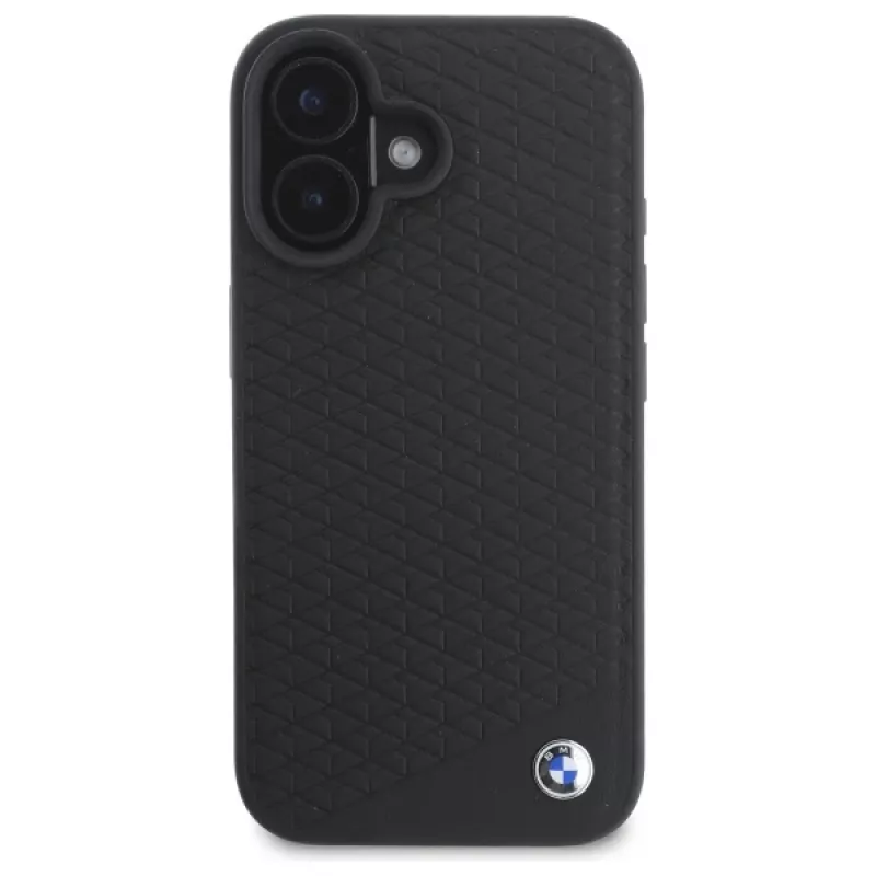 Capa rígida BMW BMHMP16S23RDDK para iPhone 16 6,1 polegadas preta Sign Leather Diamond Metal Logo MagSafe