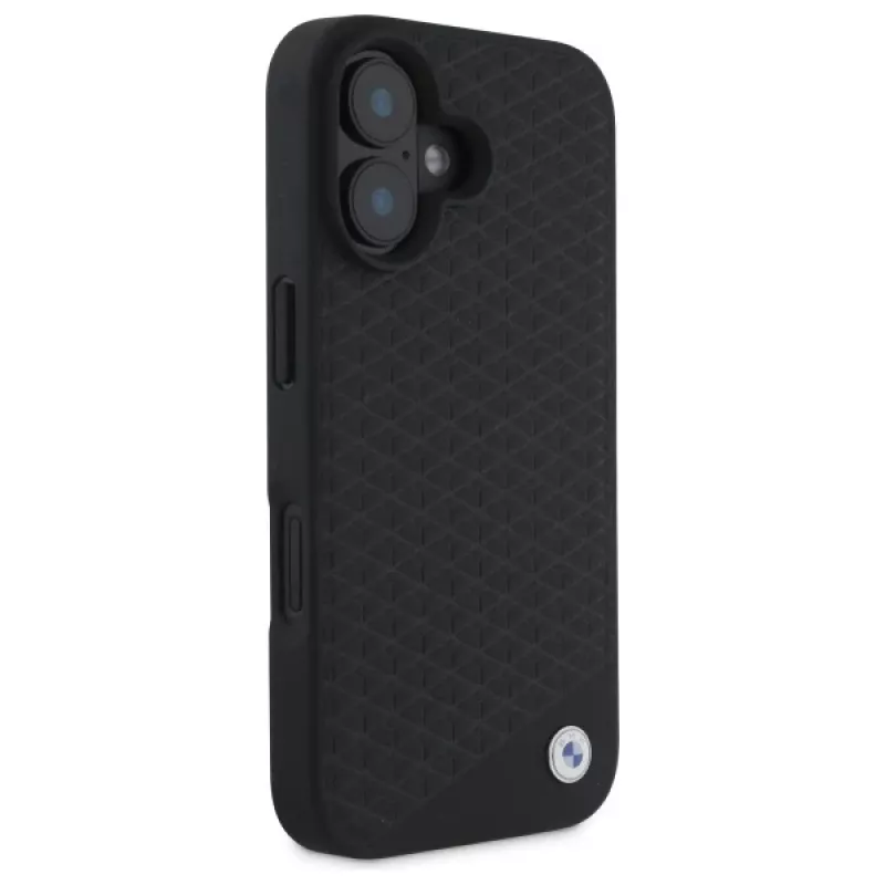 Capa rígida BMW BMHMP16S23RDDK para iPhone 16 6,1 polegadas preta Sign Leather Diamond Metal Logo MagSafe