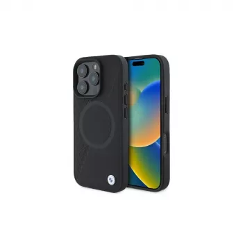 Capa rígida BMW BMHMP16L23RTPK para iPhone 16 Pro 6,3 preta Sign Leather Half Textured And Circle MagSafe
