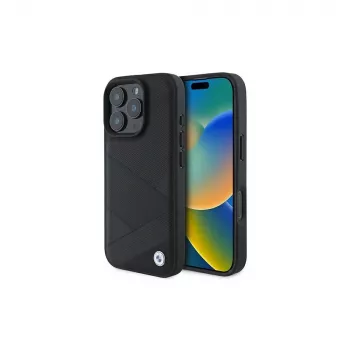 Capa rígida BMW Sign Leather Crossing Lines Pattern para Apple iPhone 16 Pro 6,3 polegadas preta