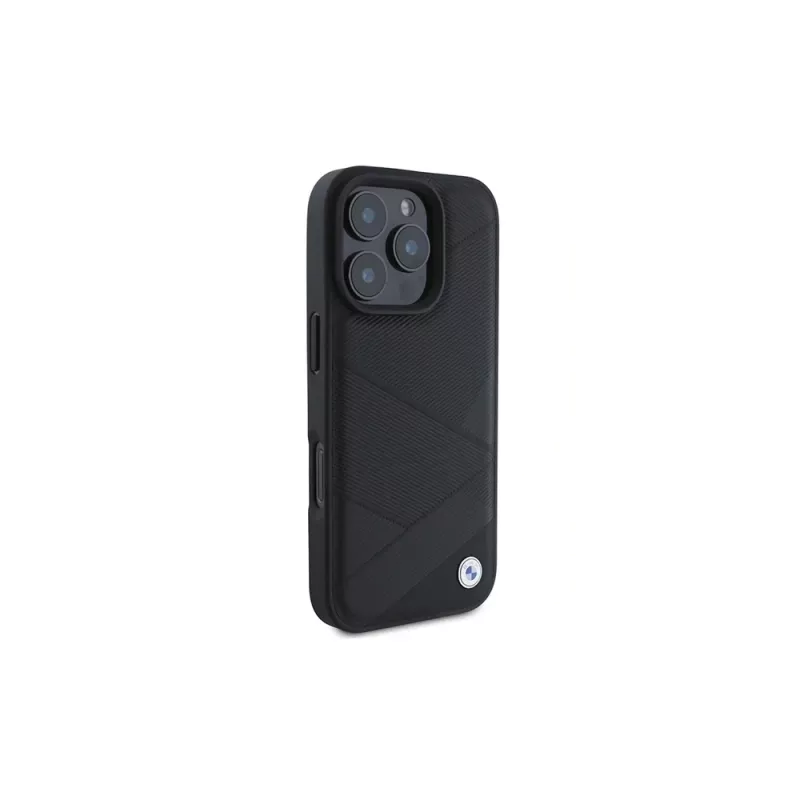 Capa rígida BMW Sign Leather Crossing Lines Pattern para Apple iPhone 16 Pro 6,3 polegadas preta