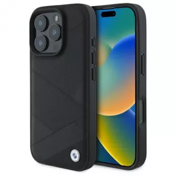 Capa rígida BMW BMHCP16X23RCGPK para iPhone 16 Pro Max 6,9 polegadas preta Sign Leather Crossing Lines Pattern