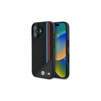 Capa rígida MagSafe BMW M Meshed Tricolor Stripes para iPhone 16 6,1 polegadas preta