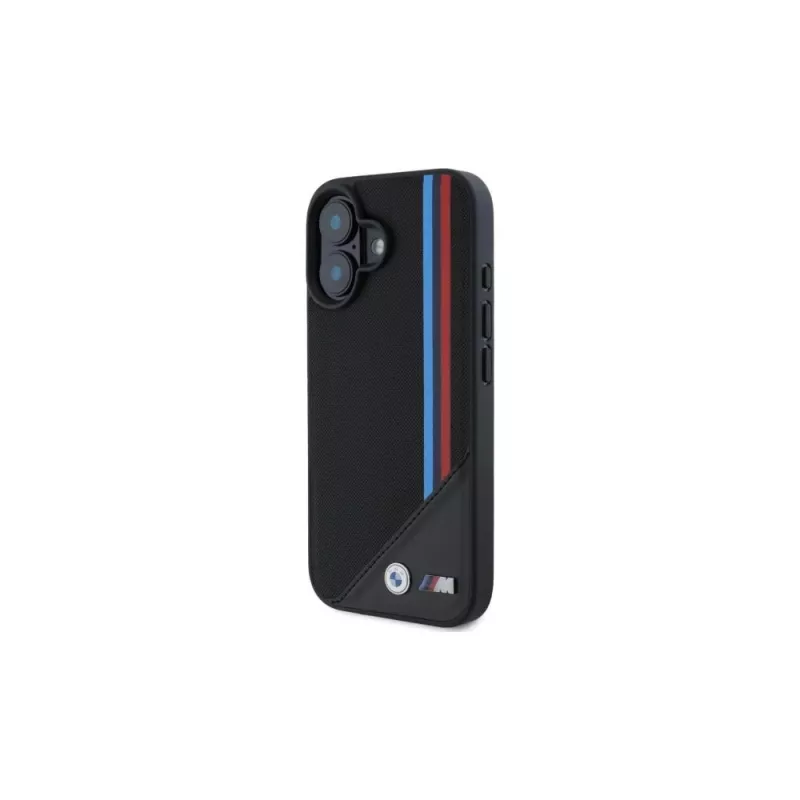 Capa rígida MagSafe BMW M Meshed Tricolor Stripes para iPhone 16 6,1 polegadas preta