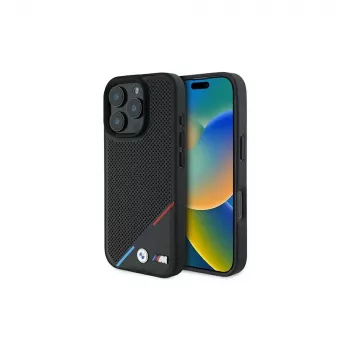 Capa rígida BMW M Perforated Tricolor Line para iPhone 16 Pro 6,3 polegadas - preto MagSafe