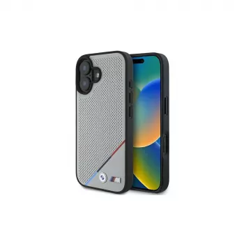 Capa rígida MagSafe BMW M Perforated Tricolor Line para Apple iPhone 16 6,1 polegadas - cinzento