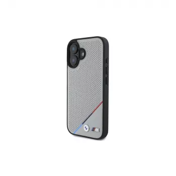 Capa rígida MagSafe BMW M Perforated Tricolor Line para Apple iPhone 16 6,1 polegadas - cinzento