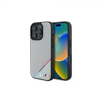 Capa rígida BMW M Perforated Tricolor Line para Apple iPhone 16 Pro 6,3 polegadas cinzenta MagSafe