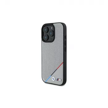 Capa rígida BMW M Perforated Tricolor Line para Apple iPhone 16 Pro 6,3 polegadas cinzenta MagSafe