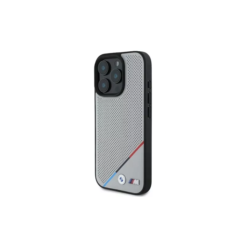 Capa rígida BMW M Perforated Tricolor Line para Apple iPhone 16 Pro 6,3 polegadas cinzenta MagSafe