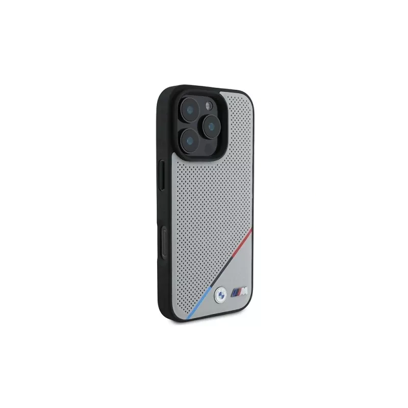 Capa rígida BMW M Perforated Tricolor Line para Apple iPhone 16 Pro 6,3 polegadas cinzenta MagSafe