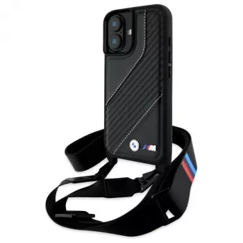 Capa rígida BMW BMHCP16M23PSCCK para iPhone 16 Plus 6.7 preta M Edition Carbon Stripe & Strap