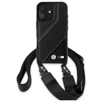 Capa rígida BMW BMHCP16M23PSCCK para iPhone 16 Plus 6.7 preta M Edition Carbon Stripe & Strap