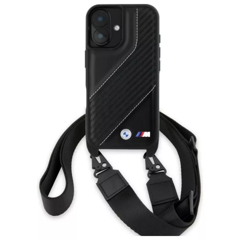 Capa rígida BMW BMHCP16M23PSCCK para iPhone 16 Plus 6.7 preta M Edition Carbon Stripe & Strap