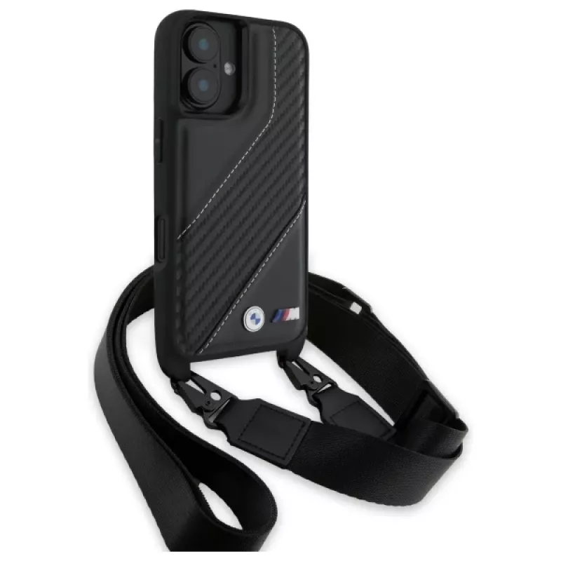 Capa rígida BMW BMHCP16M23PSCCK para iPhone 16 Plus 6.7 preta M Edition Carbon Stripe & Strap