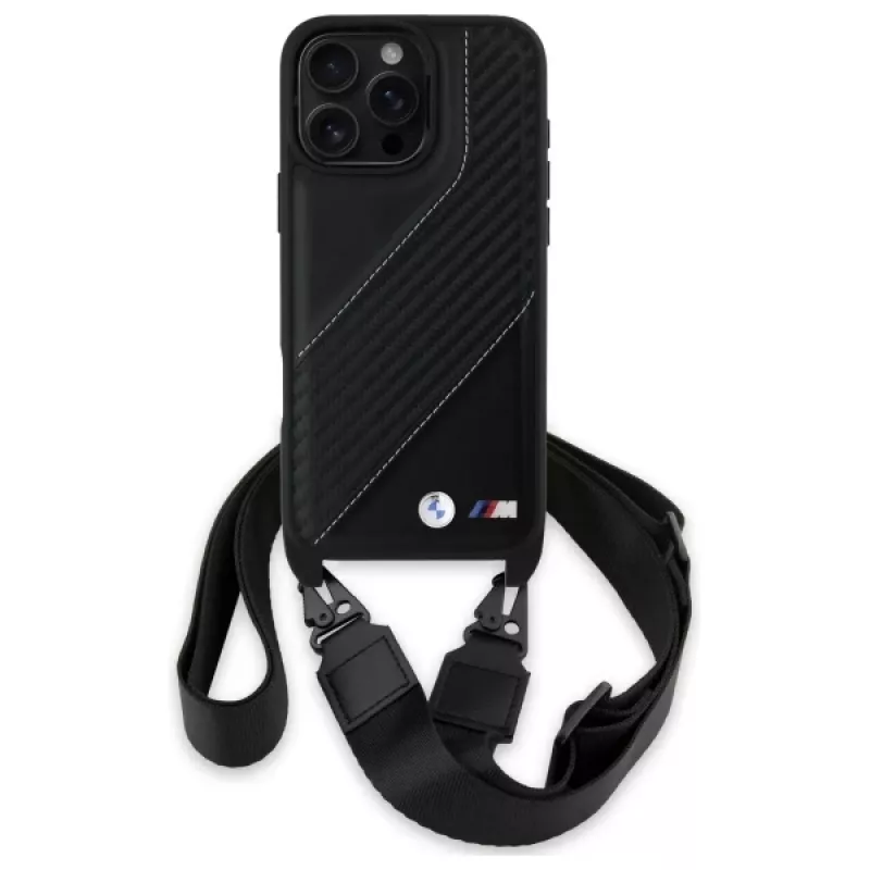 Capa rígida BMW M Edition Carbon Stripe & Strap para Apple iPhone 16 Pro Max 6,9 polegadas preta