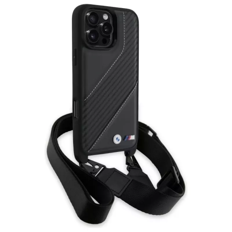 Capa rígida BMW M Edition Carbon Stripe & Strap para Apple iPhone 16 Pro Max 6,9 polegadas preta