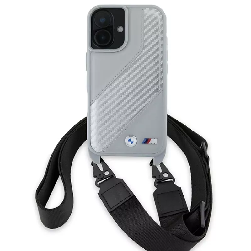 Capa rígida BMW BMHCP16S23PSCCG para iPhone 16 6,1 polegadas cinzenta M Edition Carbon Stripe & Strap