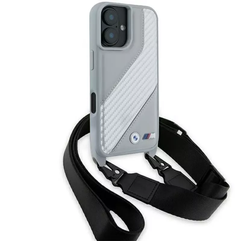 Capa rígida BMW BMHCP16S23PSCCG para iPhone 16 6,1 polegadas cinzenta M Edition Carbon Stripe & Strap