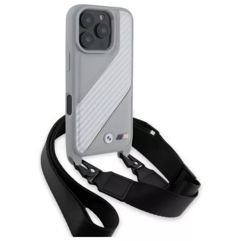 Capa rígida BMW M Edition Carbon Stripe & Strap para Apple iPhone 16 Pro 6,3 polegadas - cinzento