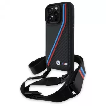 Capa rígida BMW M Edition Carbon Tricolor Lines & Strap para iPhone 16 Pro 6.3 preta