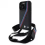 Capa rígida BMW M Edition Carbon Tricolor Lines & Strap para iPhone 16 Pro 6.3 preta