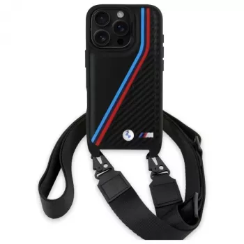 Capa rígida BMW M Edition Carbon Tricolor Lines & Strap para iPhone 16 Pro 6.3 preta