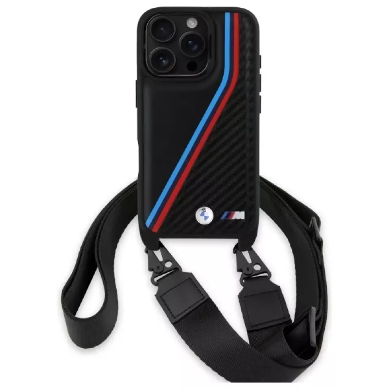 Capa rígida BMW M Edition Carbon Tricolor Lines & Strap para iPhone 16 Pro 6.3 preta