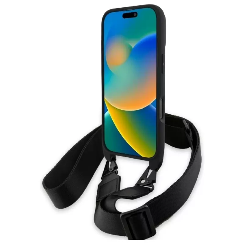 Capa rígida BMW M Edition Carbon Tricolor Lines & Strap para iPhone 16 Pro 6.3 preta