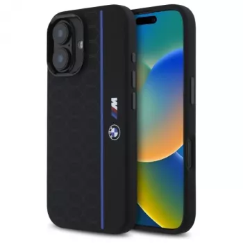Capa rígida de silicone BMW BMHMP16S23SHEB para iPhone 16 6,1 polegadas preta Hexagon Blue Line MagSafe