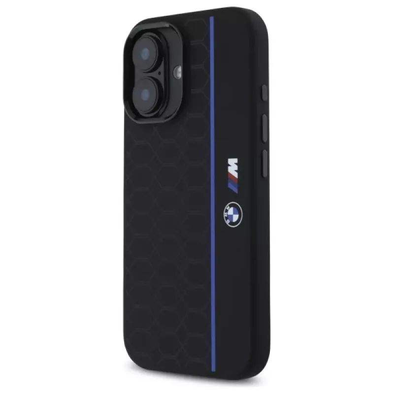 Capa rígida de silicone BMW BMHMP16S23SHEB para iPhone 16 6,1 polegadas preta Hexagon Blue Line MagSafe