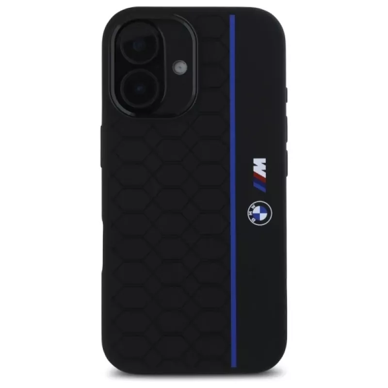Capa rígida de silicone BMW BMHMP16S23SHEB para iPhone 16 6,1 polegadas preta Hexagon Blue Line MagSafe