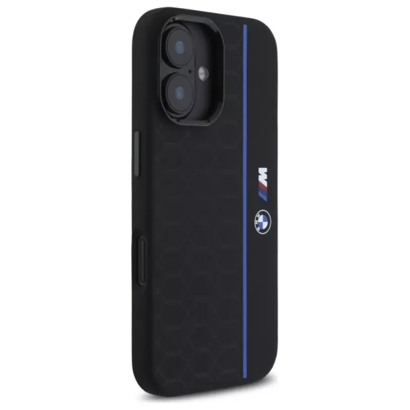 Capa rígida de silicone BMW BMHMP16S23SHEB para iPhone 16 6,1 polegadas preta Hexagon Blue Line MagSafe