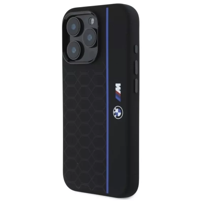 Capa rígida de silicone BMW BMHMP16X23SHEB Hexagon Blue Line MagSafe para iPhone 16 Pro Max 6.9 preta