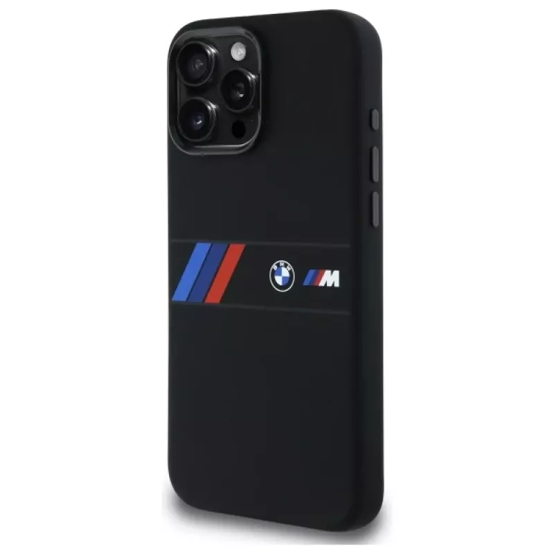 Capa rígida de silicone BMW M Collection com risca central MagSafe para Apple iPhone 16 Pro Max 6,9 polegadas preta