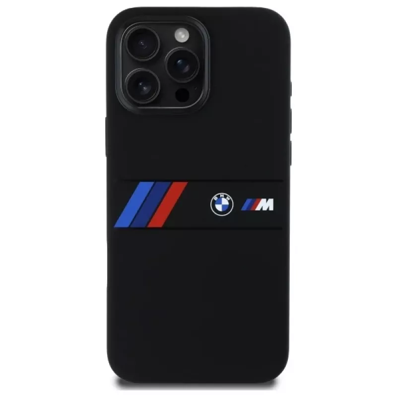 Capa rígida de silicone BMW M Collection com risca central MagSafe para Apple iPhone 16 Pro Max 6,9 polegadas preta