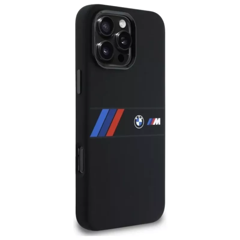 Capa rígida de silicone BMW M Collection com risca central MagSafe para Apple iPhone 16 Pro Max 6,9 polegadas preta